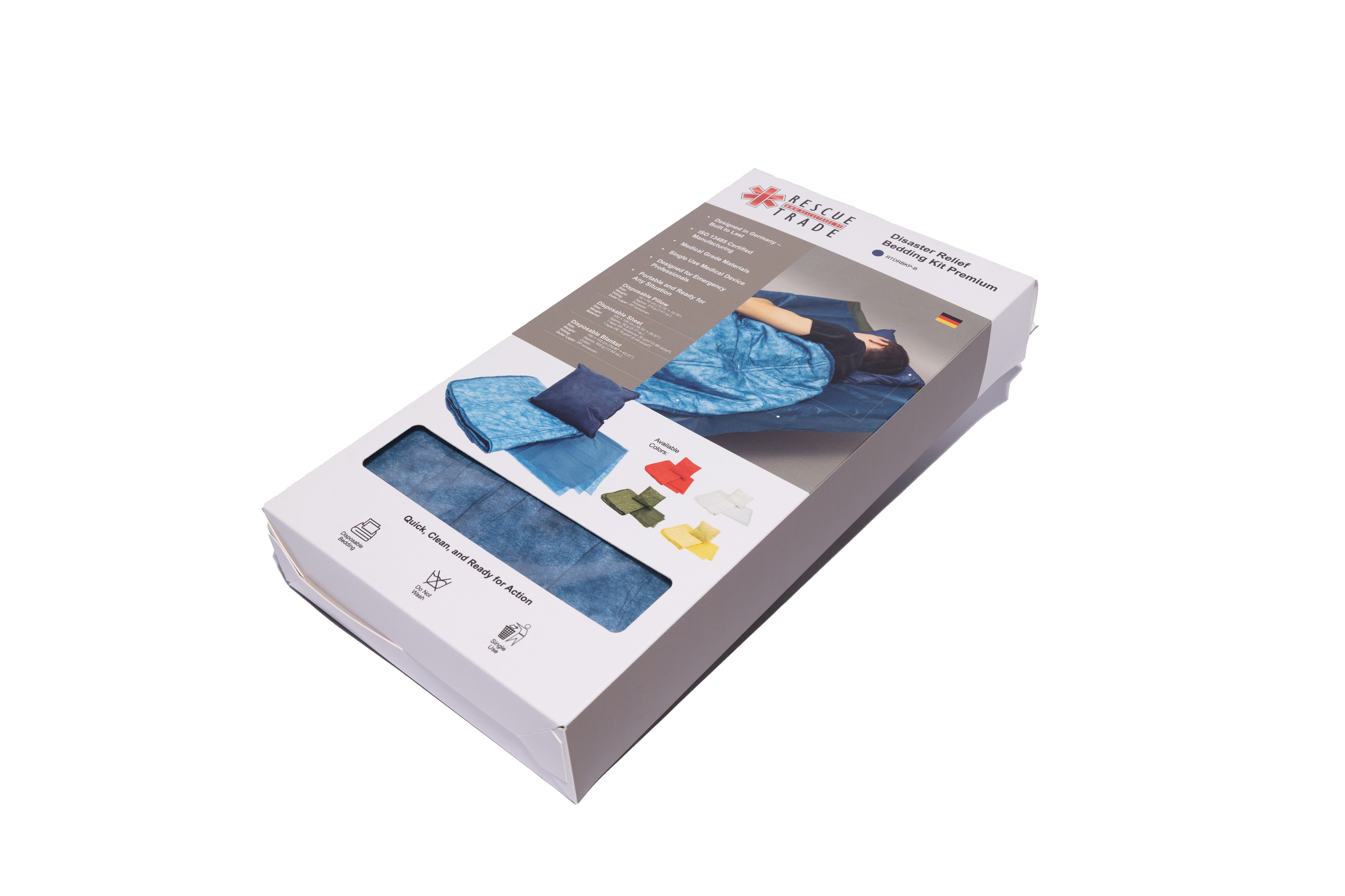 Disaster Relief Bedding Kit Premium blue
Disposable blanket approx. 500g, 190x110cm cotton filling 
Disposable sheet 200x100cm
Disposable pillow approx. 210g, 40x40cm
Individually hygienic and space-saving packed in a polybag


-Natural Disasters
-Epidemics and Pandemics
-Refugee Camps
