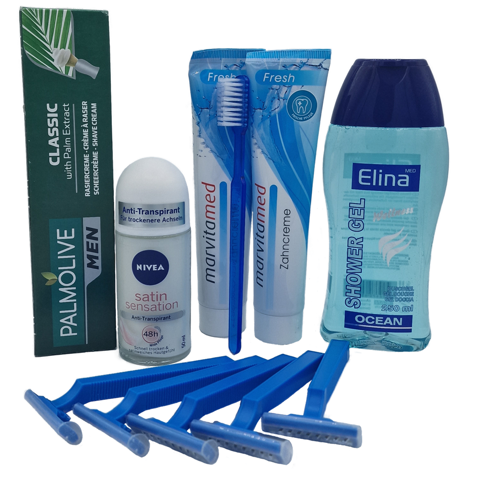 Content:
• Toothbrush loose
• 2 x toothpaste 75 ml
• Bottle of shower gel/shampoo 250 ml
• Deodorant roller 44ml
• 5 x disposable razors
• Shaving Foam 100ml
• Packed in a zip bag

20 pieces in a carton / 20 pieces on a pallet
Acceptance only possible in full boxes!