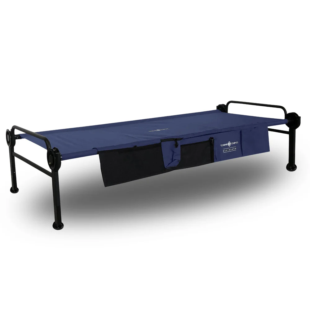 Technical DataWeight14 kgLoad Capacity227 kgExternal Dimensions208 cm L x 100 cm W x 52 cm HSleeping Area201 cm L x 88 cm WBed Height41 cmBag Dimensions100 cm L x 52 cm W x 11 cm HFramePowder-coated, rust-resistant steel frameFabric600D polyester mat with PVC coatingPacked Size102 cm x 53.5 cm x 12 cmDelivery Contents2 straight frames1 blue polyester mat1 blue side pocket4 black discs4 outer rods2 middle rods4 foot plugs1 transport bag2 stacking adapters1 safety strap1 set of footpads (4 pieces)Please note that this is (1) bed, contrary to some images showing the bed as a bunk bed or sofa bench.