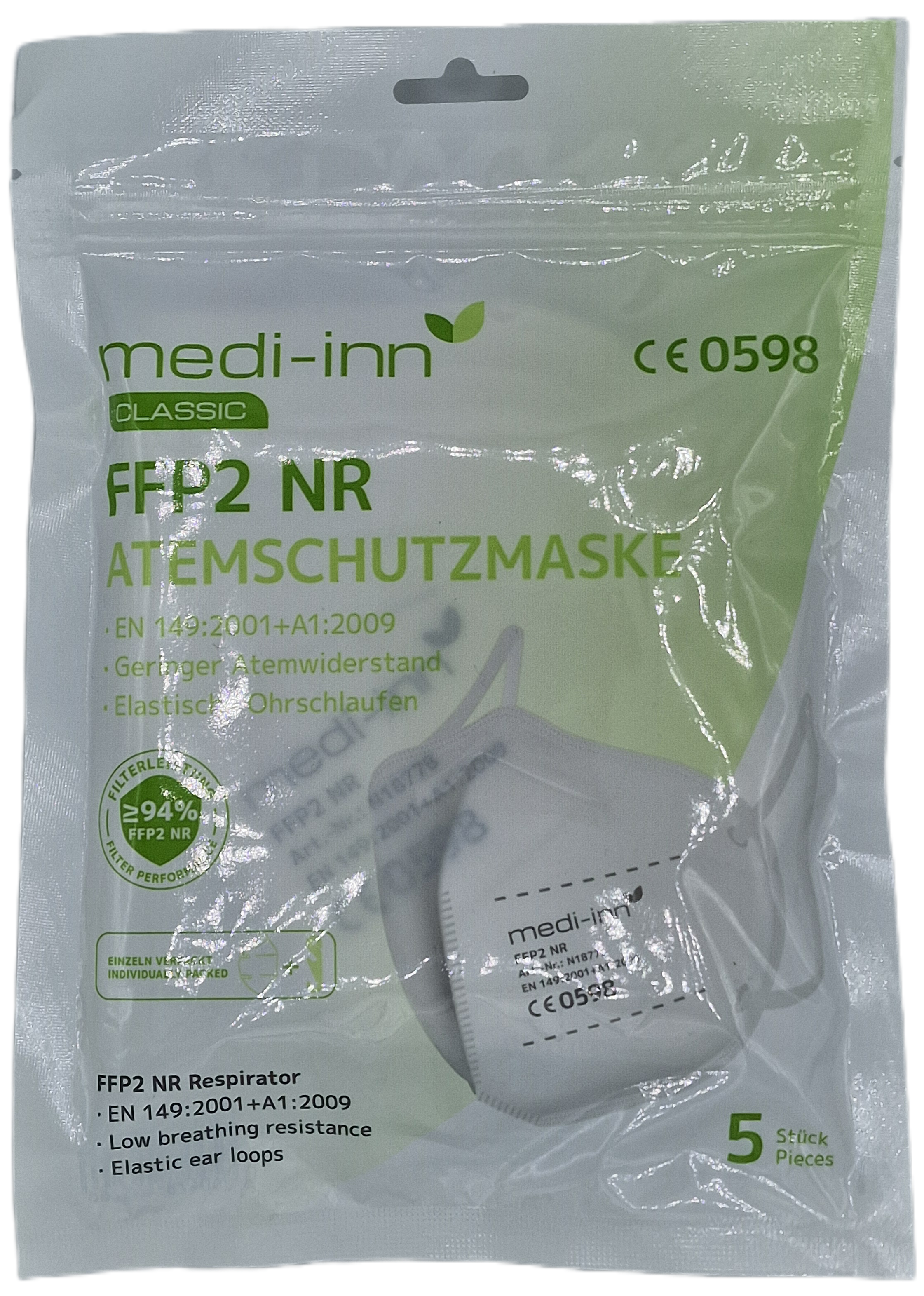 Disposable respirator mask with flexible nose clip, latex-free, individually packaged.

Personal protective equipment of category III according to Regulation (EU) 2016/425.

Quantity in individual packaging
Individual packaging per carton
5 pcs (individually sub-packaged)
100 pcs
Type of individual packaging
Polybag
Carton dimensions (L x H x W)
42.0 x 33.0 x 30.0 cm
Storage instructions
Store dry between -20 °C and 40 °C and a maximum relative humidity of < 80 %.
